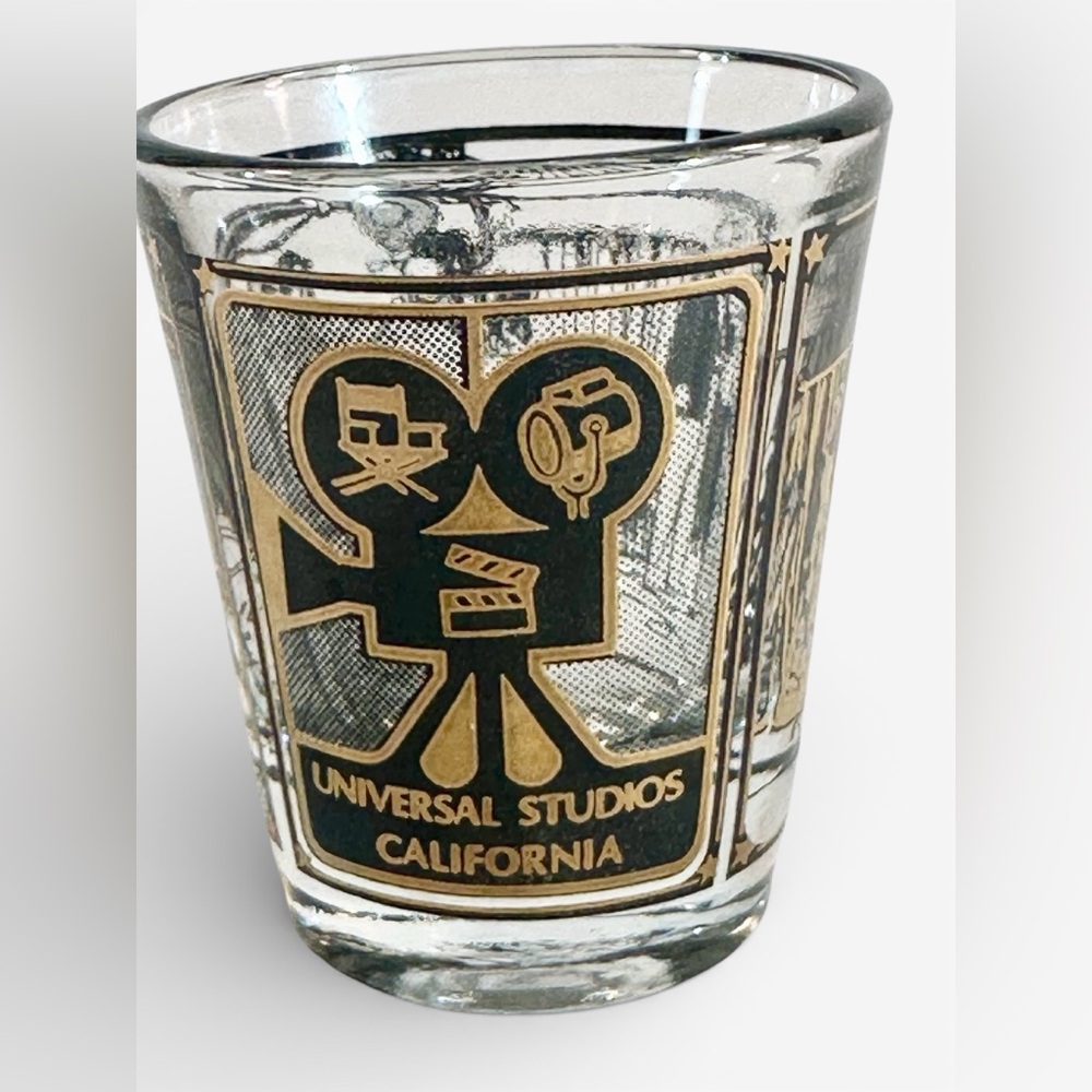 Universal Studios California Shot Glass, Old Movie Themed Barware, Black Gold
